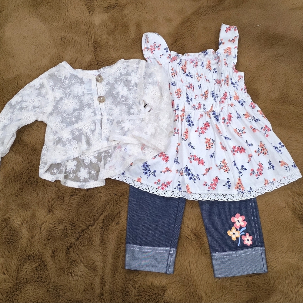 🆕💜 Little Lass, Girls 3T, 3pcs Set,Floral White Top,Leggings & Lace Top (NWOT)